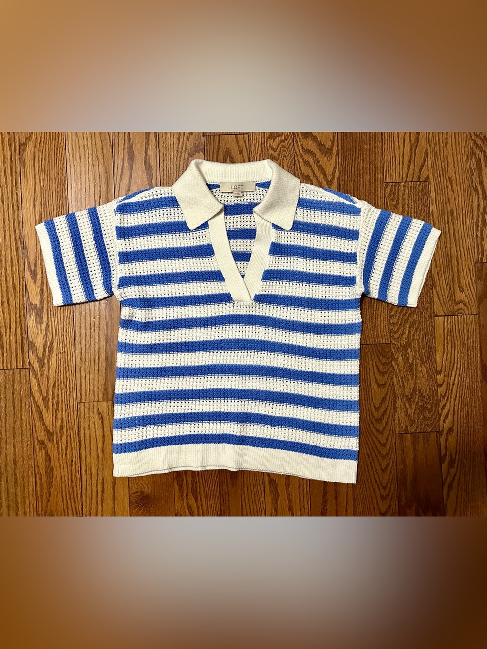 LOFT White & Blue Striped Knit Polo Top